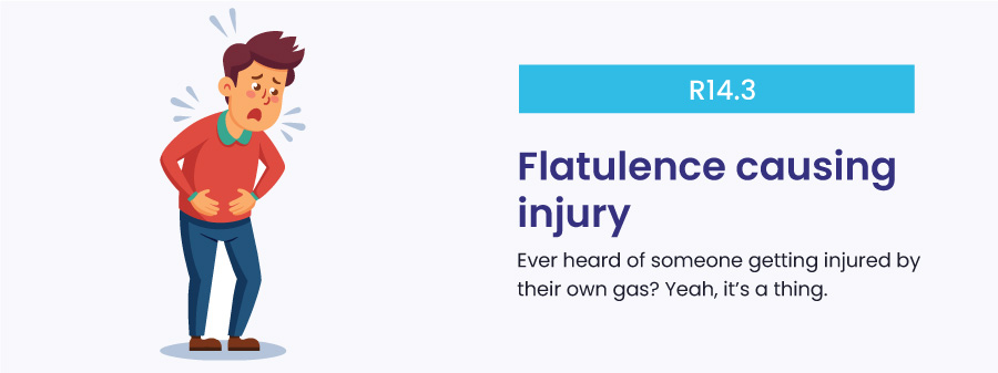 R14.3: Flatulence causing injury icd 10 code funny