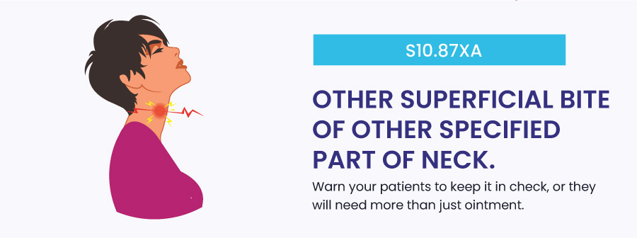 S10.87XA: Other superficial bite of other specified part of neck, initial encounter icd 10 funny code