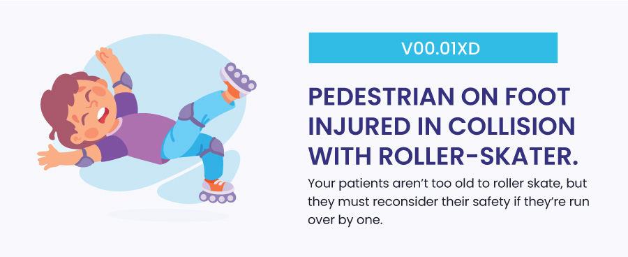 V00.01XD: Pedestrian on foot injured in collision with roller-skater, subsequent encounter funny icd 10 code